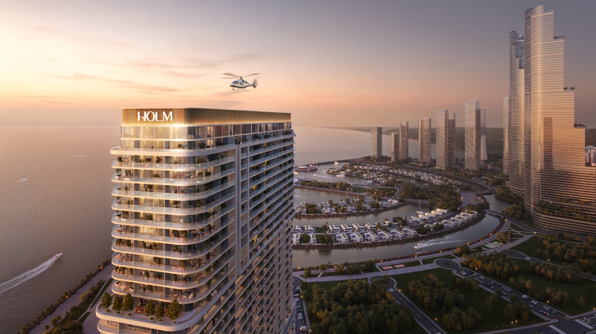 Projet signature de HOLM Developments sur Ambassadori Island à Batoumi : façade courbe face à la marina, yacht club privé, piscines, spa et padel. Studios dès 129 000 USD, livraison Q2 2030.