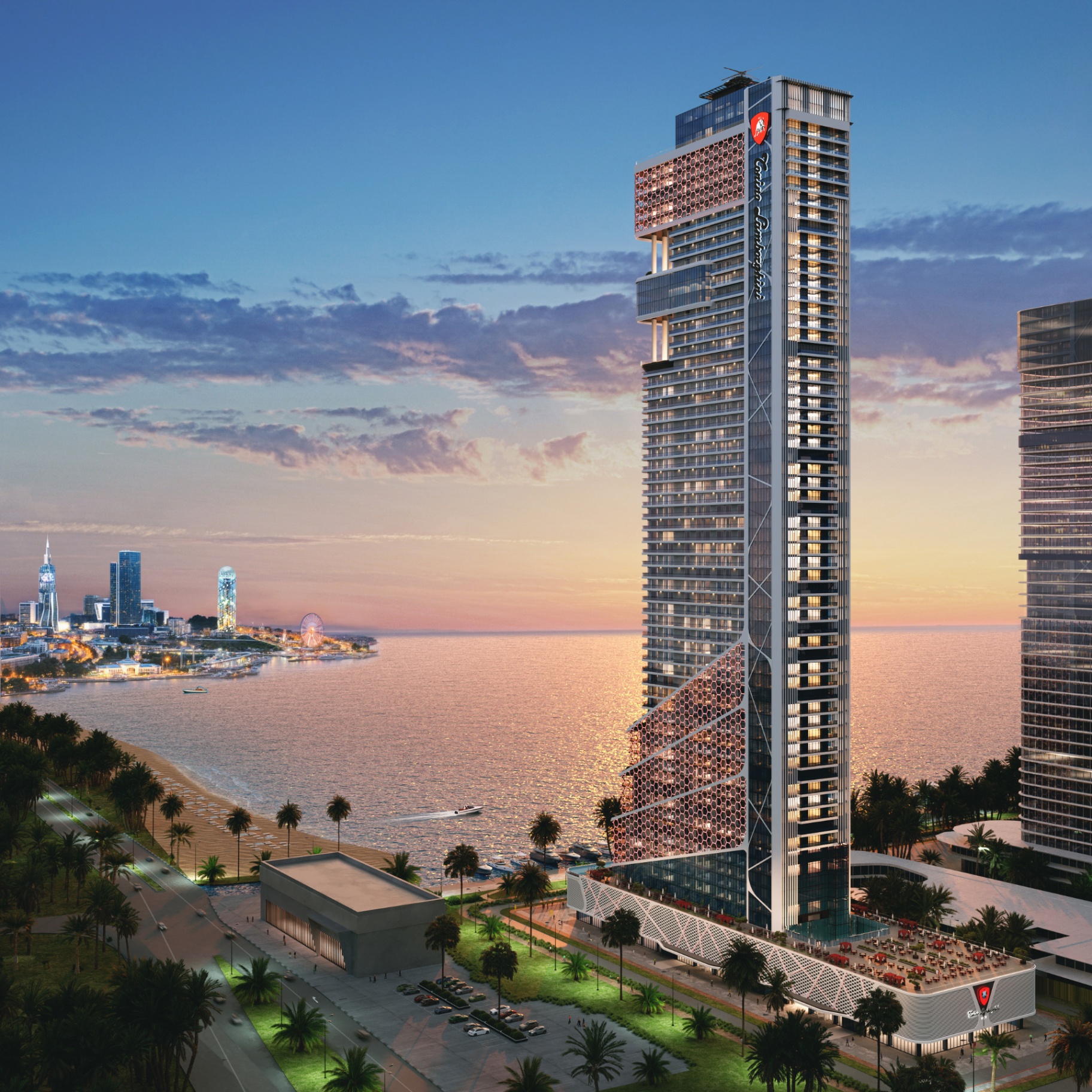 Tour signature Tonino Lamborghini sur Batumi Island, la première île artificielle de la région : 66 étages, façade nid d'abeille, résidences signées, hôtel, casino, mall, spa et marina — l'élégance italienne portée à son sommet.