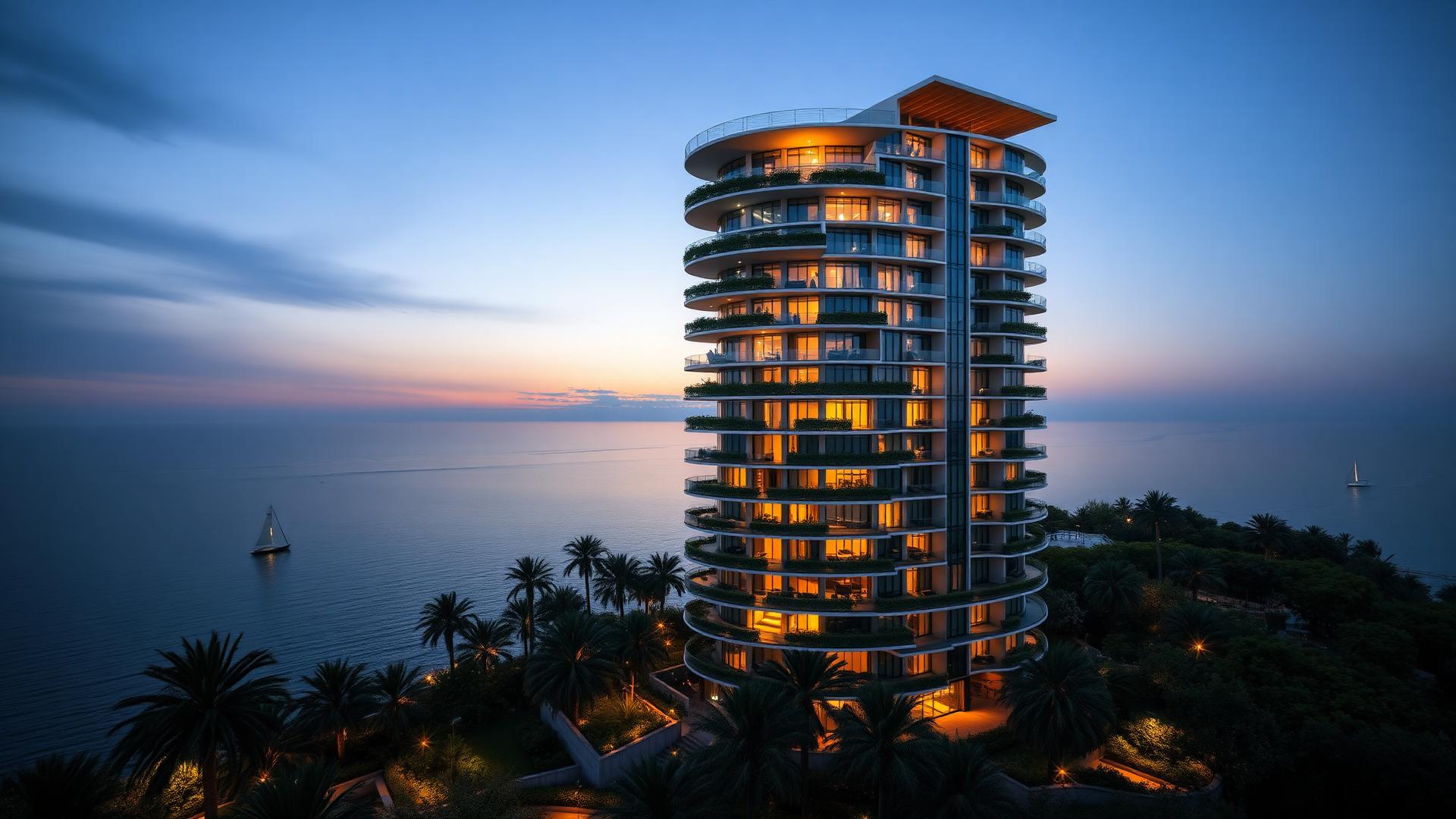 Résidence contemporaine à Batumi surplombant la mer Noire au crépuscule